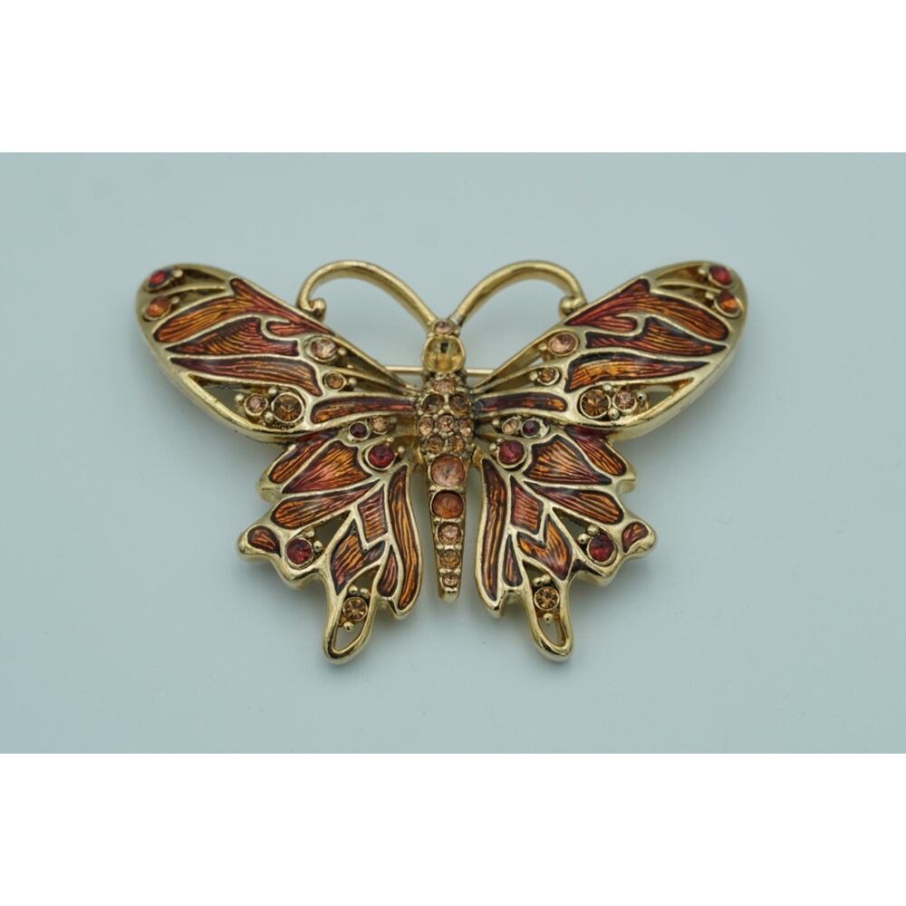 MONET Goldtone Monet Enamel Butterfly Brooch Rhinestone Vintage Pin Brown